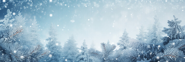 Banner winter seasonal ,snow falling down to pine tree and ground, nature background with copy space