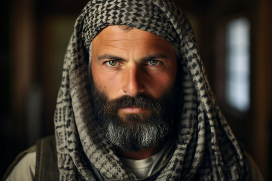 Young arab man in national clothes and turban Muslim man Saudi african moroccan yemenite persian men generative ai