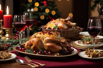cena navideña con pollo y pavo, copas de cristal con vino, en mesa con mantel y platos decorativos  