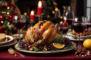 cena navideña con pollo y pavos, copas de cristal llenas de vino, velas y platos   - obrazy, fototapety, plakaty