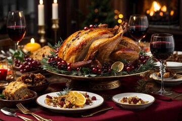 cena navideña con pollo pavo en una mesa con velas y decoración 