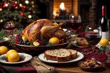 cena navideña con pollo y vino en una mesa al lado de una chimenea 