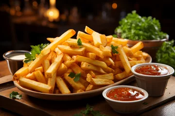 Tuinposter Generative AI picture of tasty french fries or potato chips on table in restaurant © deagreez