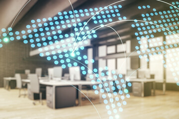 Abstract virtual world map with connections on a modern furnished office background, international...