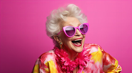 Happy mature woman wearing pink sunglasses and a flower necklace