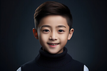 Portrait made with generative AI of a cheerful cute little boy isolated on a dark grey background