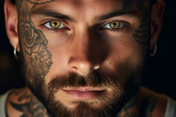 Generative ai close up photo of handsome man with tattoo on head face isolated on dark background