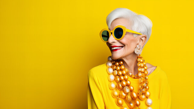 Mature Woman Wearing Yellow Sunglasses And A Yellow Shirt