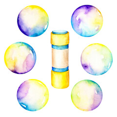 Hand drawn watercolor set of soap bubble blower isolated on a white background.