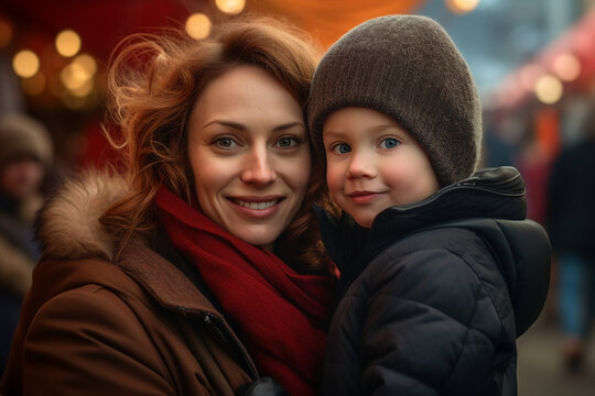 Generative AI technology photo of charming mother walking outdoors with her sweet small child