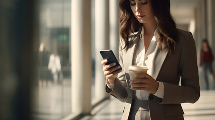 Businesswoman writes a message on a smartphone and holds a coffee cup. Beautiful young woman uses mobile phone for work, calling customers, sending messages, with copy space.