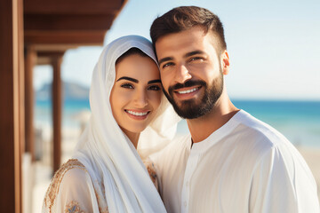 Picture of young wealthy middle eastern couple hugging love story Generative AI - obrazy, fototapety, plakaty