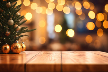 Fototapeta na wymiar Empty wooden table top and blurred Christmas holiday background with golden balls, lights garland. Image for display your product.