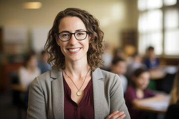 Photography of successful school teacher lecturer in classroom or educational setting background generative AI