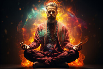 Generative AI picture of handsome middle aged mature man sitting lotus pose practicing yoga