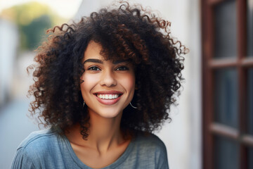 Generative AI picture of beautiful young woman afro volume hair style in the street sunny day