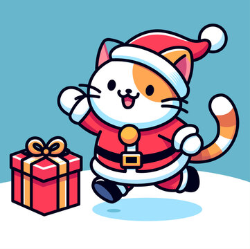 Calico cat in Santa suit, playfully chasing a gift box on a snowy ground, vector illustration, Santa Claus cat, Christmas cat chasing a gift box, stock vector image, colored and black-and-white line a