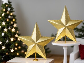  two gold stars sitting on top of a table next to a christmas tree.  generative ai