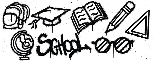 Set school graffiti spray paint. Collection of backpacker, toga, book, pencil, ruler, glasses, globe Isolated Vector