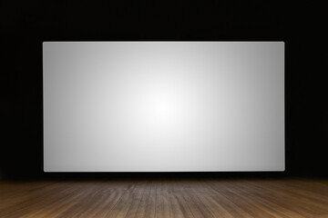 an empty white screen on a wooden stage in a movie theater - 666675731