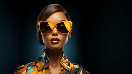 Hübsche Model Frau mit Metallic gelber Sonnenbrille und schönen Makeup im Querformat für Banner Nahaufnahme, ai generativ - obrazy, fototapety, plakaty