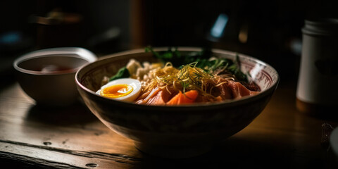 Closeup of a Tazon or traditional Japanese food bowl. Generative AI.