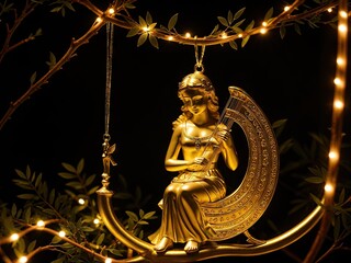  a golden statue of a woman sitting on a crescent moon.  generative ai