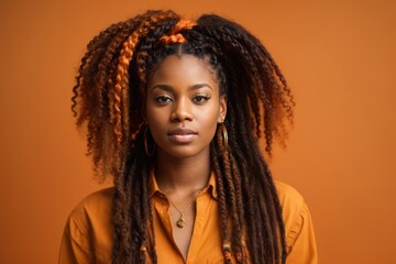A young woman of African descent with curly hair with an orange background - obrazy, fototapety, plakaty