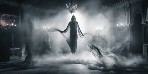 Horror scene. Scary halloween witch flying in the dark mansion.