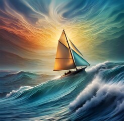 sailboat in the sea on large wave - obrazy, fototapety, plakaty