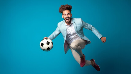 Competitive athlete performing soccer moves on color background. An active, happy young adult playing soccer.