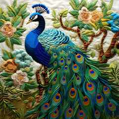 fabric stumpwork embroidery of peacock,stumpwork embroidery.