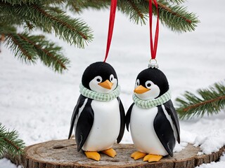  a couple of penguin ornaments hanging from a tree stump in the snow.  generative ai
