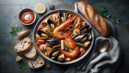 A plate of Bouillabaisse, a traditional French seafood stew, served with rouille and crusty bread - obrazy, fototapety, plakaty