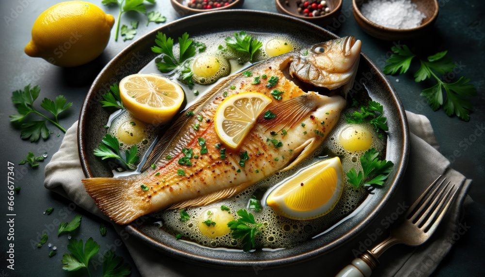 Wall mural french sole meunière, with the fish delicately pan-fried in butter and served with a sprinkle of par