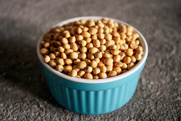Close up of soy grains, vegetarian food, healthy food