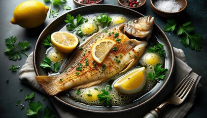 French Sole Meunière, with the fish delicately pan-fried in butter and served with a sprinkle of parsley and lemon wedges - obrazy, fototapety, plakaty
