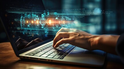 Hands typing on a laptop with futuristic digital overlays related to data analytics