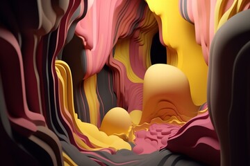 3D cave with curving yellow and pink shapes. Generative AI