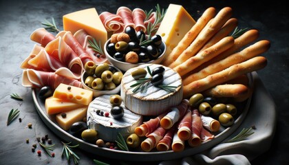 Gourmet cheese brie and camambert and charcuterie, featuring brie, cheddar, prosciutto, and olives, paired with crunchy breadsticks