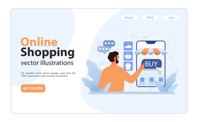 E-commerce web banner or landing page. Online shopping, male character