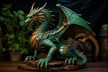 Fototapeta premium Wooden green dragon. Symbol of next Chinese new year