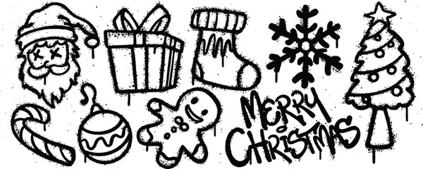 Set marry christmas graffiti spray paint. Collection of santa clause, gift, sock, snow flakes, christmas tree, gingerbread, bauble, candy cane Isolated Vector