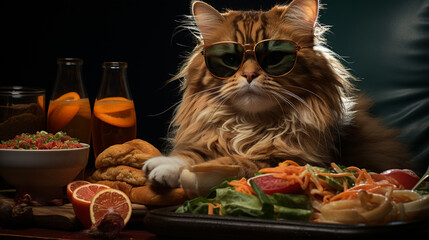Cute fluffy cat in sunglasses near burger on dark background. Generative AI