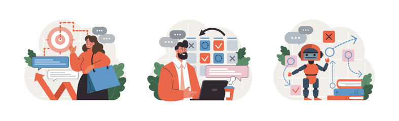 Progress set. Work optimization and efficiency. Character moving