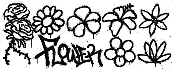 Set flower graffiti spray paint. Collection of rose, daisy, frangipani, hibiscus, jasmine, lotus Isolated Vector - obrazy, fototapety, plakaty