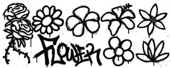 Fototapeten Graffiti Set flower graffiti spray paint. Collection of rose, daisy, frangipani, hibiscus, jasmine, lotus Isolated Vector  © Titikdrawn