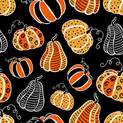 Hand-drawn seamless pattern with bright stylized pumpkins on a black background. For postcards, invitations, textile decor, packaging, wallpaper, social networks, wrapping paper, cover, web.