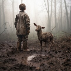 Boy standing above young lamb in muddy area - obrazy, fototapety, plakaty