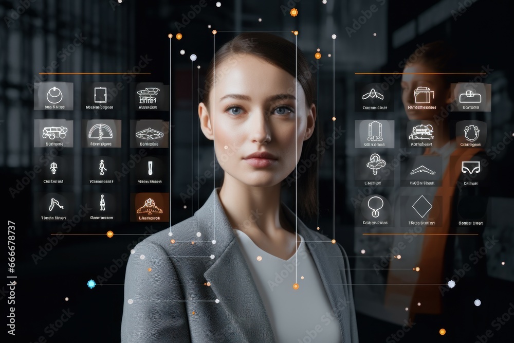 Poster efficient face detection analyze. face recognition. fictional person. generate ai